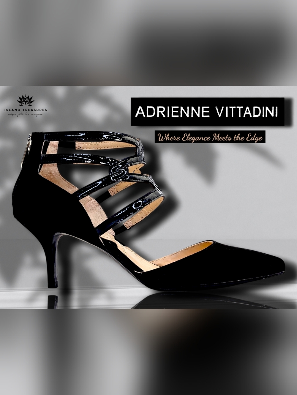 Adrienne Vittadini "Shahin" Sz 7.5 Black Multi-Stap Ankle Cage Microfiber Upper